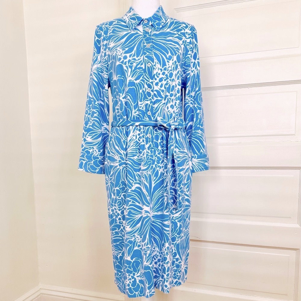 Talbots Blue and White Floral Stretch Shirtdress, Size Large